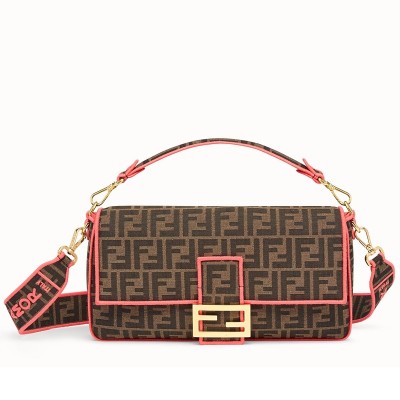 Fendi Baguette Large Bag In FF Fabric With Pink Trim FBS24011