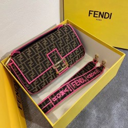 Fendi Baguette Large Bag In FF Fabric With Pink Trim FBS24011