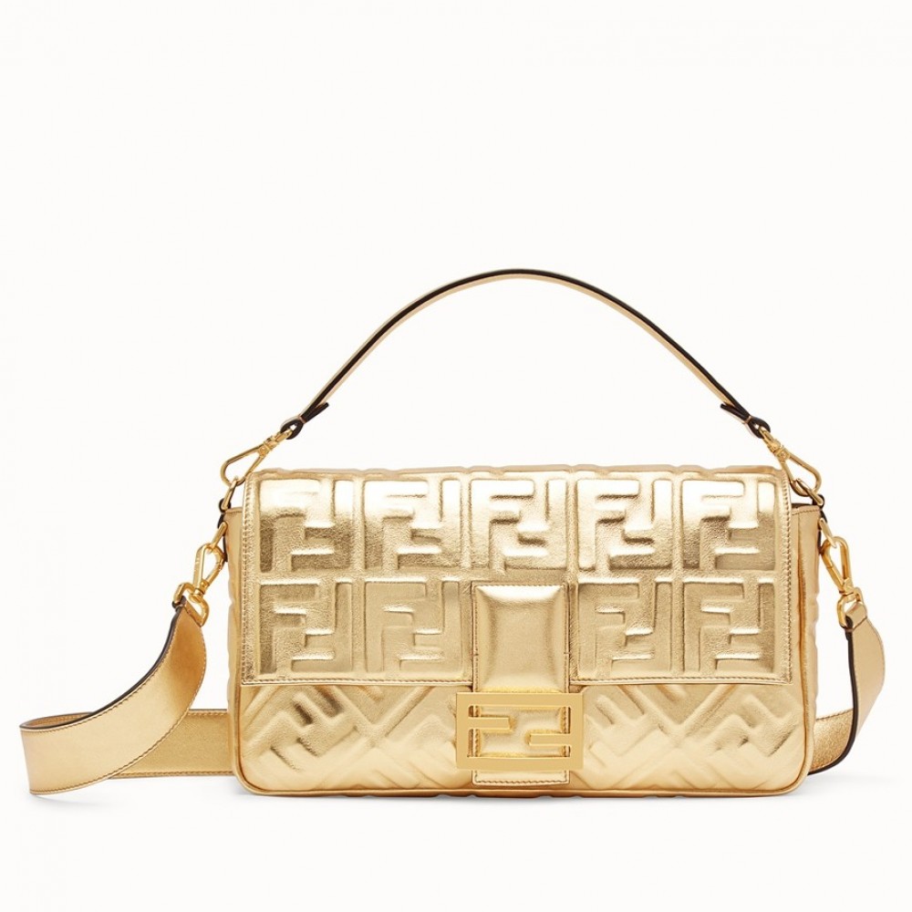 Fendi Baguette Large Bag In Gold Lambskin With FF Motif FBS24012