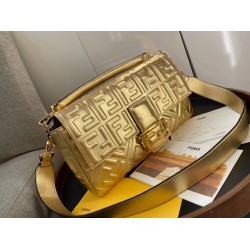 Fendi Baguette Large Bag In Gold Lambskin With FF Motif FBS24012