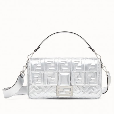 Fendi Baguette Large Bag In Silver Lambskin With FF Motif FBS24013