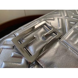 Fendi Baguette Large Bag In Silver Lambskin With FF Motif FBS24013