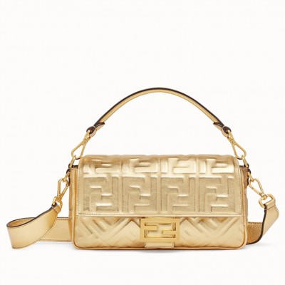 Fendi Baguette Medium Bag In Gold Lambskin With FF Motif FBS24016