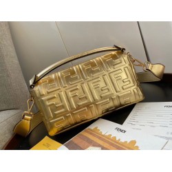 Fendi Baguette Medium Bag In Gold Lambskin With FF Motif FBS24016