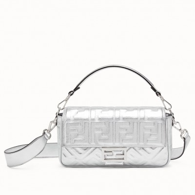 Fendi Baguette Medium Bag In Silver Lambskin With FF Motif FBS24020