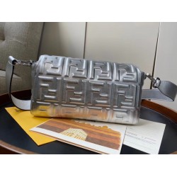 Fendi Baguette Medium Bag In Silver Lambskin With FF Motif FBS24020