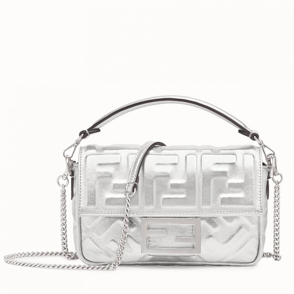 Fendi Baguette Mini Bag In Silver Lambskin With FF Motif FBS24023