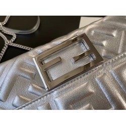 Fendi Baguette Mini Bag In Silver Lambskin With FF Motif FBS24023