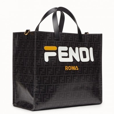 Fendi Black Glazed Fabric Shopper White Logo Bag FBS24048