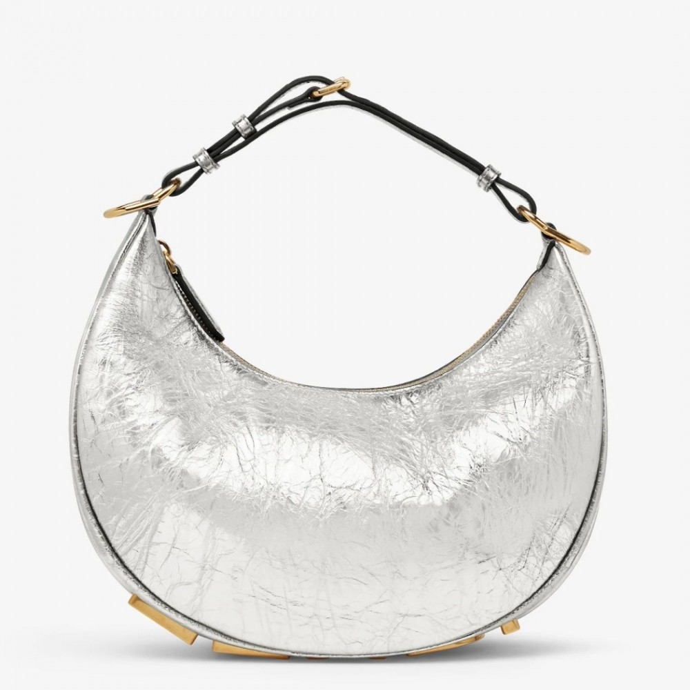 Fendi Fendigraphy Small Hobo Bag In Silver Laminated Leather FBS24122