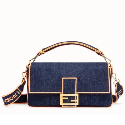 Fendi Large Baguette Bag In Blue Denim With Orange Trim FBS24192