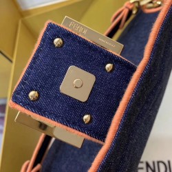 Fendi Large Baguette Bag In Blue Denim With Orange Trim FBS24192