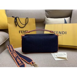 Fendi Large Baguette Bag In Blue Denim With Orange Trim FBS24192