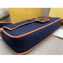 Fendi Large Baguette Bag In Blue Denim With Orange Trim FBS24192