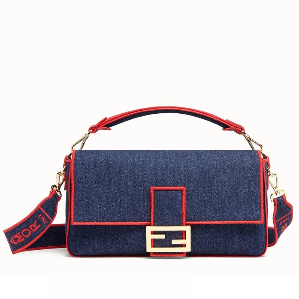 Fendi Large Baguette Bag In Blue Denim With Red Trim FBS24193