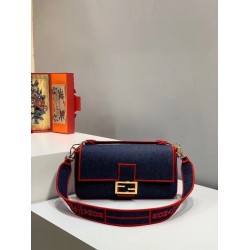 Fendi Large Baguette Bag In Blue Denim With Red Trim FBS24193