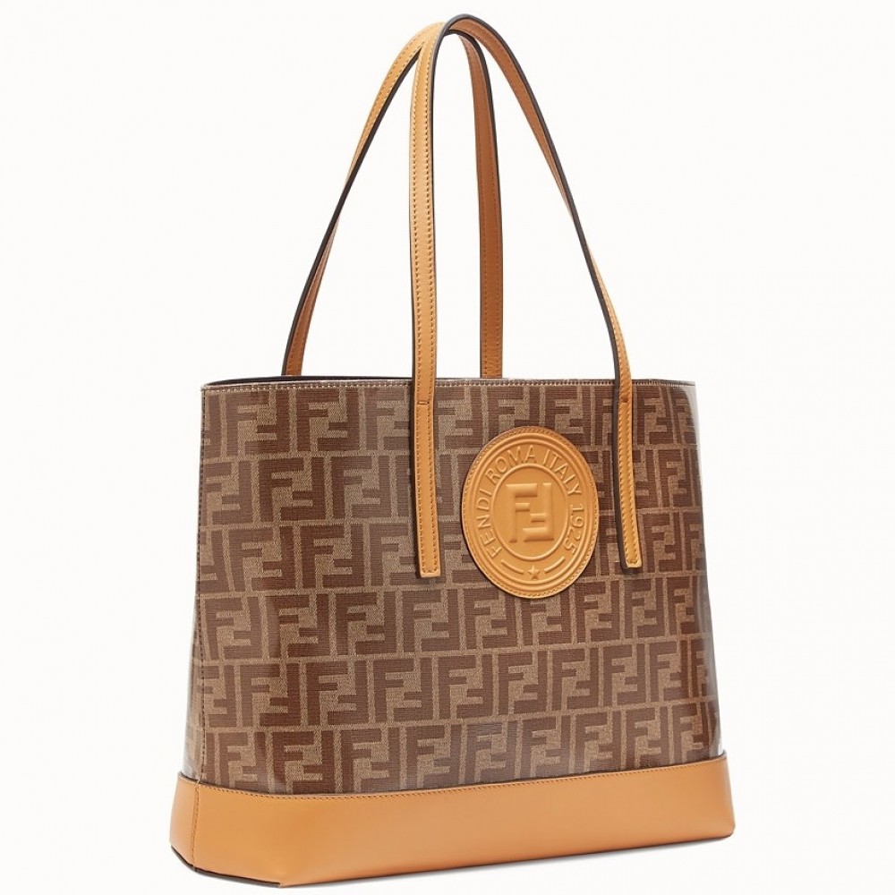 Fendi Logo Shopper Bag In Glazed Fabric With Tan Leather FBS24206