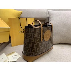 Fendi Logo Shopper Bag In Glazed Fabric With Tan Leather FBS24206