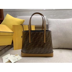 Fendi Logo Shopper Bag In Glazed Fabric With Tan Leather FBS24206