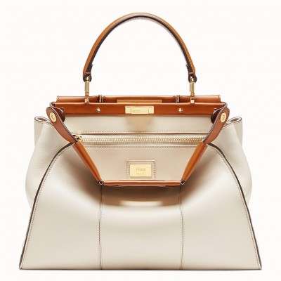 Fendi Peekaboo Medium White Bag With Tan Handle FBS24296