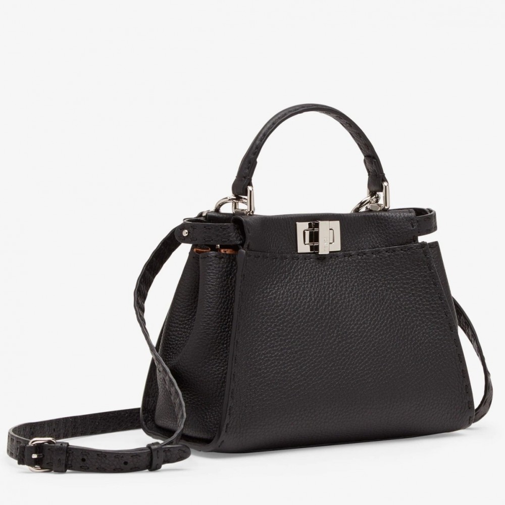 Fendi Peekaboo Mini Selleria Bag In Black Cuoio Romano Leather FBS24310