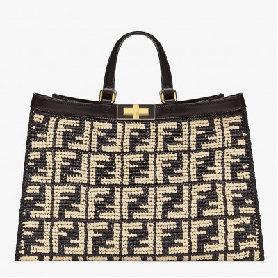 Fendi Peekaboo X-Tote Shopper In Black FF Raffia FBS24327