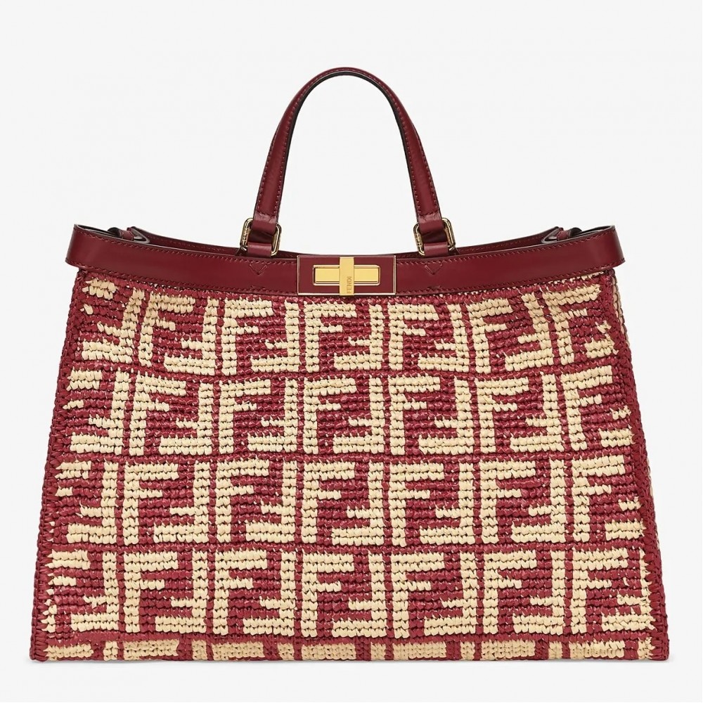 Fendi Peekaboo X-Tote Shopper In Burgundy FF Raffia FBS24328