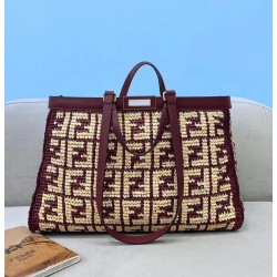 Fendi Peekaboo X-Tote Shopper In Burgundy FF Raffia FBS24328