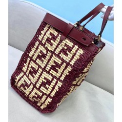 Fendi Peekaboo X-Tote Shopper In Burgundy FF Raffia FBS24328