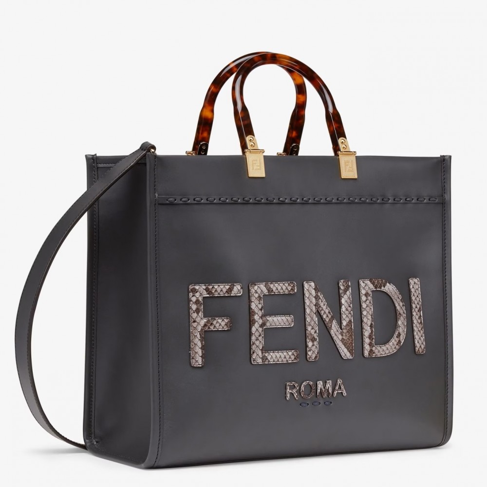 Fendi Sunshine Medium Tote Bag in Black Leather with Python Logo FBS24413