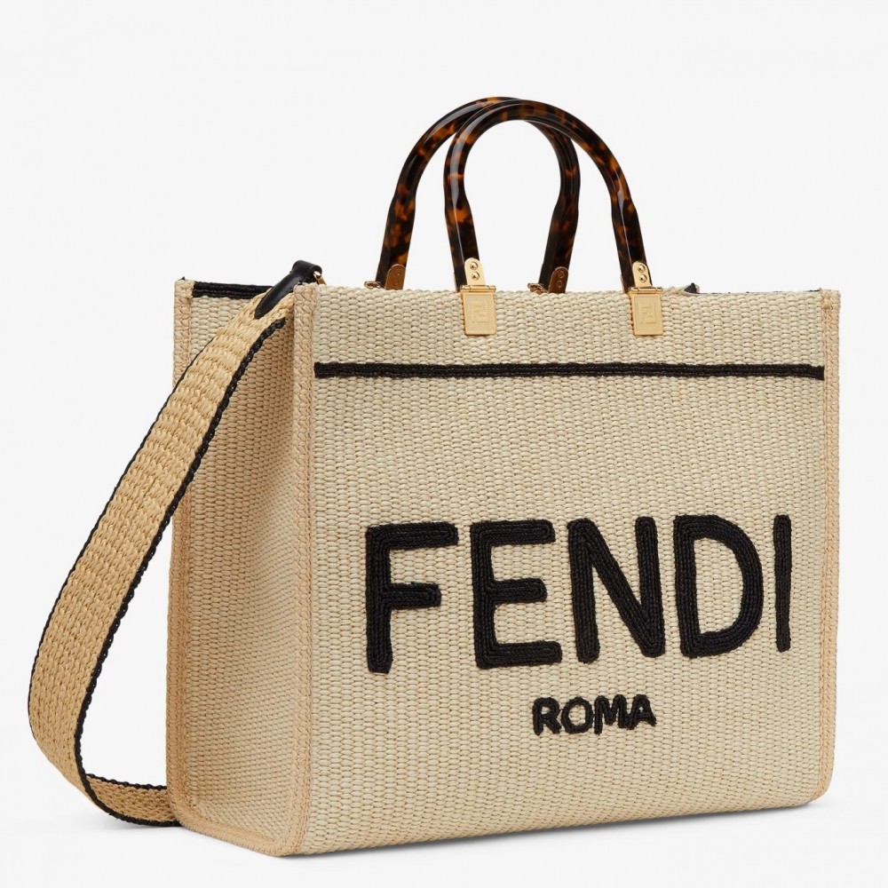 Fendi Sunshine Medium Tote Bag in Black and Natural Straw FBS24411