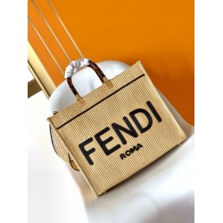 Fendi Sunshine Medium Tote Bag in Black and Natural Straw FBS24411